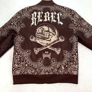 REBEL VENGEANCE Mens Skull & Bones Bomber Puffer Jacket Brown Size Small